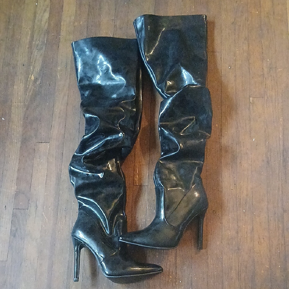 Fashion Nova Shiny Black Thigh-High High- Heeled Boots